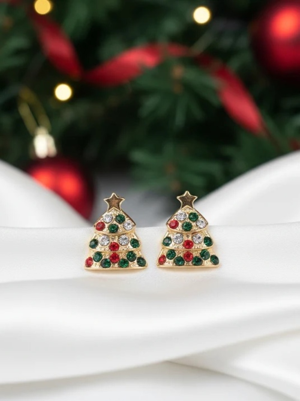 Gold-Tone Christmas Tree Stud Earrings with Red, Green & Clear Crystals